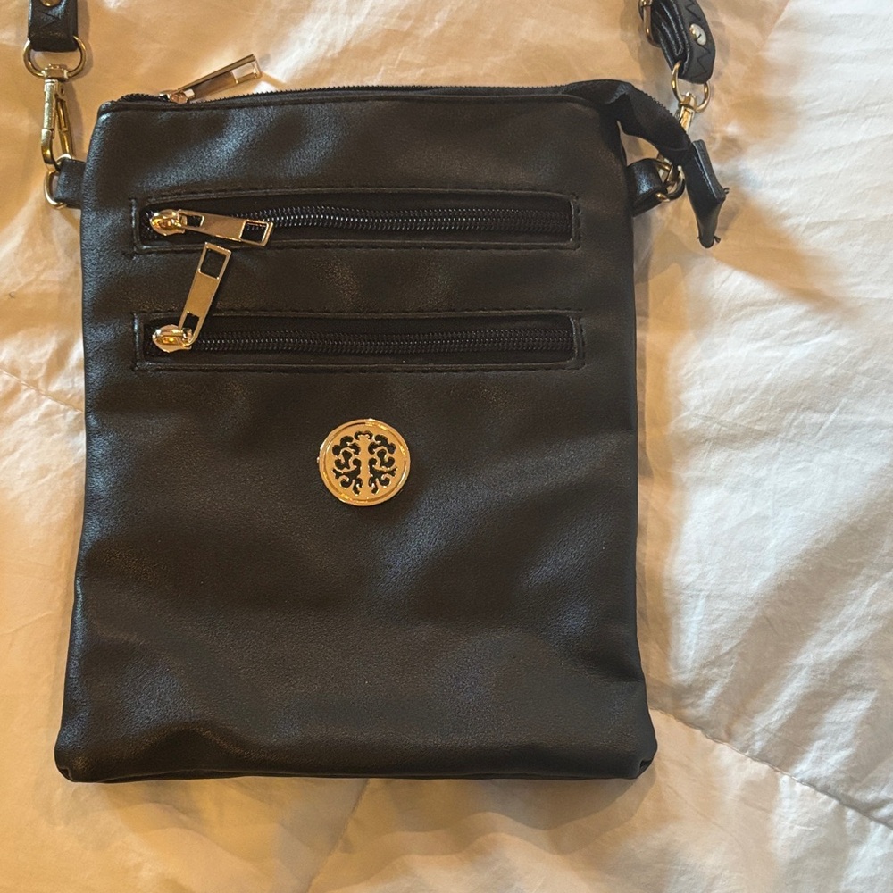 Black Crossbody Bag with Gold Accents